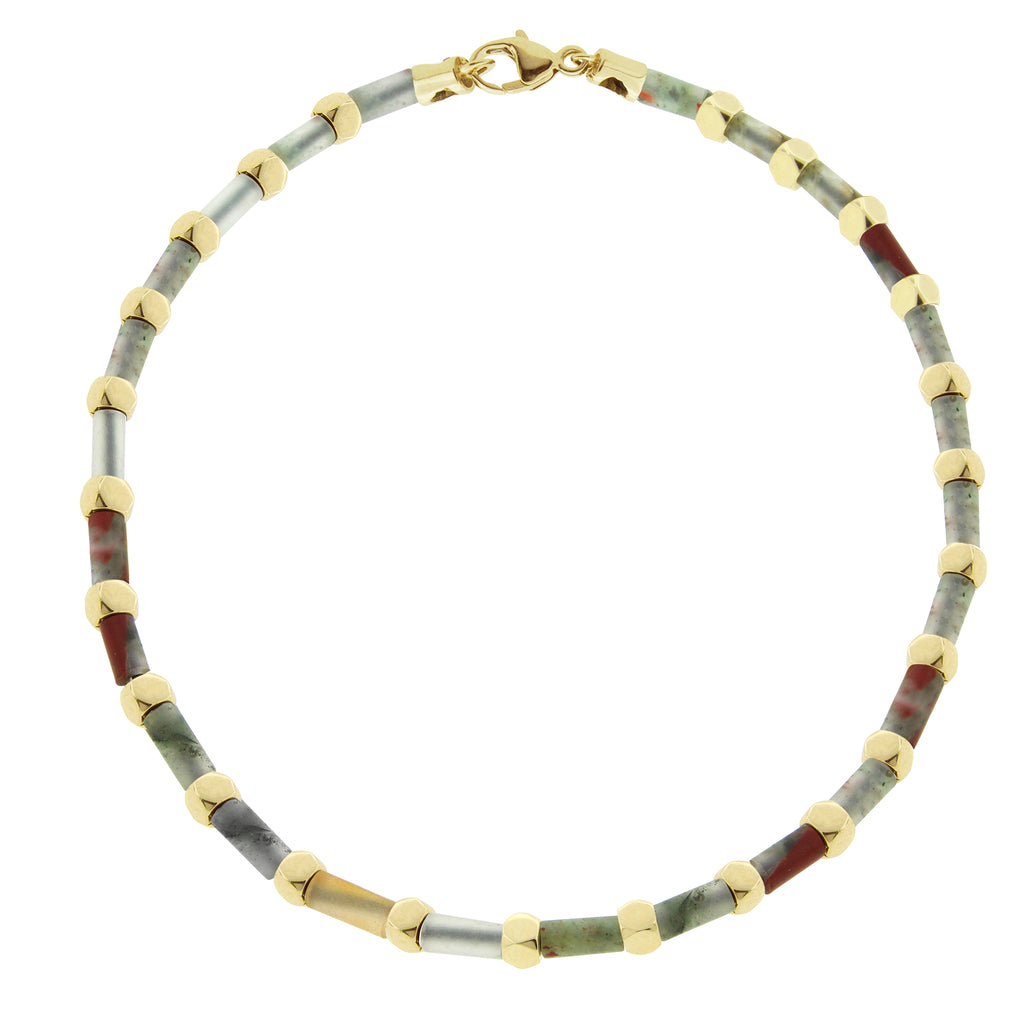 LUIS MORAIS gemstone and glass beaded bracelet with six 14k yellow gold mini Tetras and lobster clasp closure.