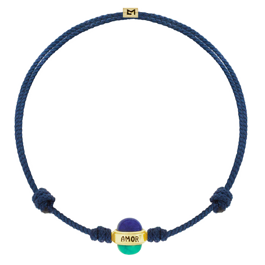 LUIS MORAIS 14k yellow gold collar with engraved and antiqued words and two gemstone cabochons on a cord bracelet. Engraved with the word "AMOR" which means love in Latin.