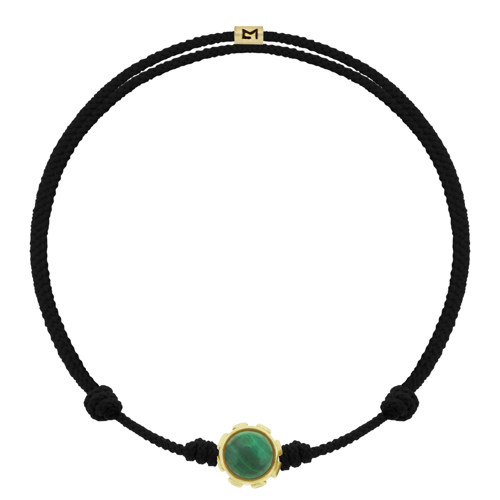 LUIS MORAIS 14k yellow gold collar with six bezeled diamonds and two gemstone cabochons on a cord bracelet.&nbsp;