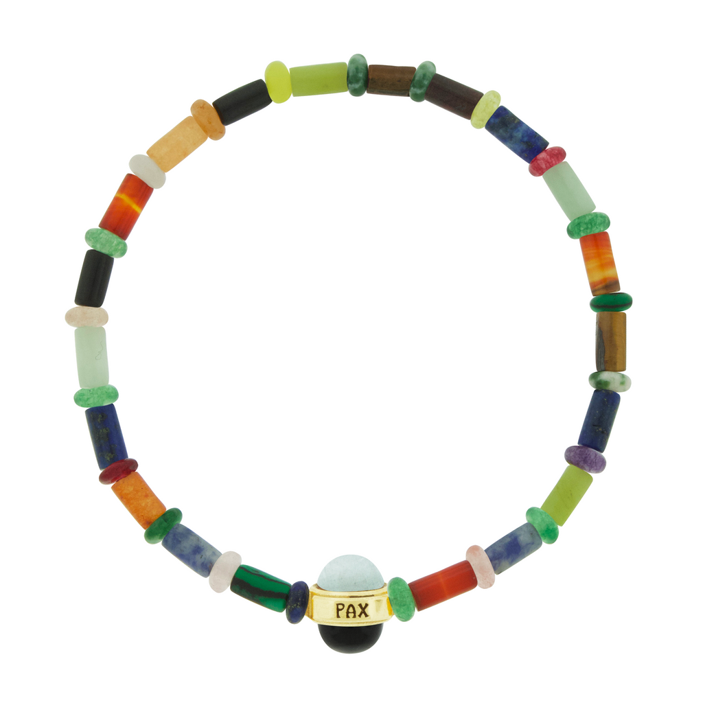 LUIS MORAIS 14k yellow gold collar with engraved and antiqued words and two gemstone cabochons on a beaded bracelet. Engraved with the word "PAX" which means peace in Latin.