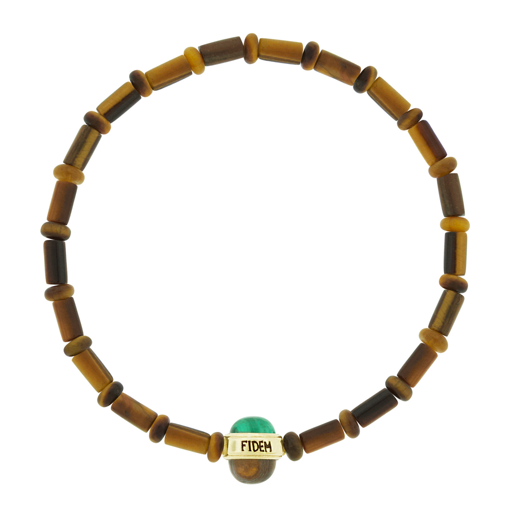 LUIS MORAIS 14k yellow gold collar with engraved and antiqued words and two gemstone cabochons on a beaded bracelet. Engraved with the word "FIDEM" which means faith in Latin.