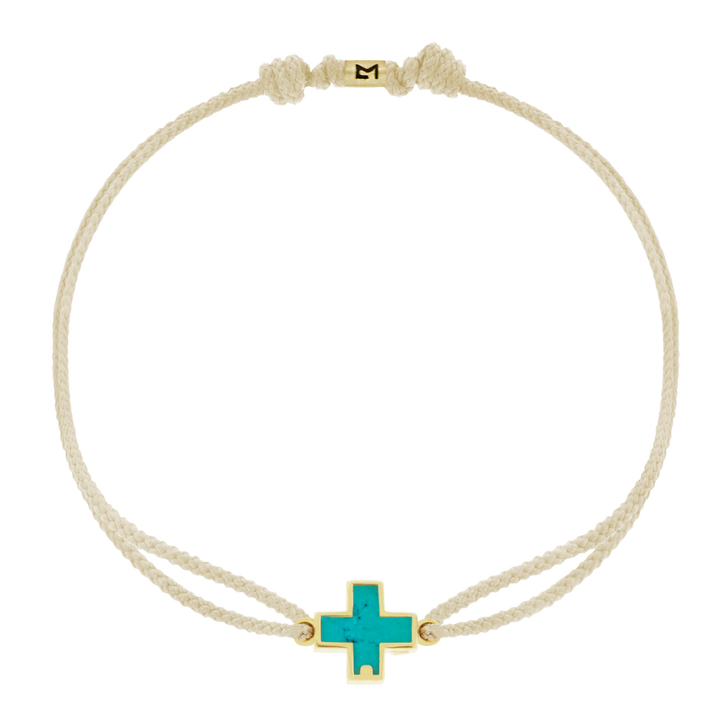 LUIS MORAIS 14k yellow gold framed gemstone cross on a cord bracelet. Adjustable.