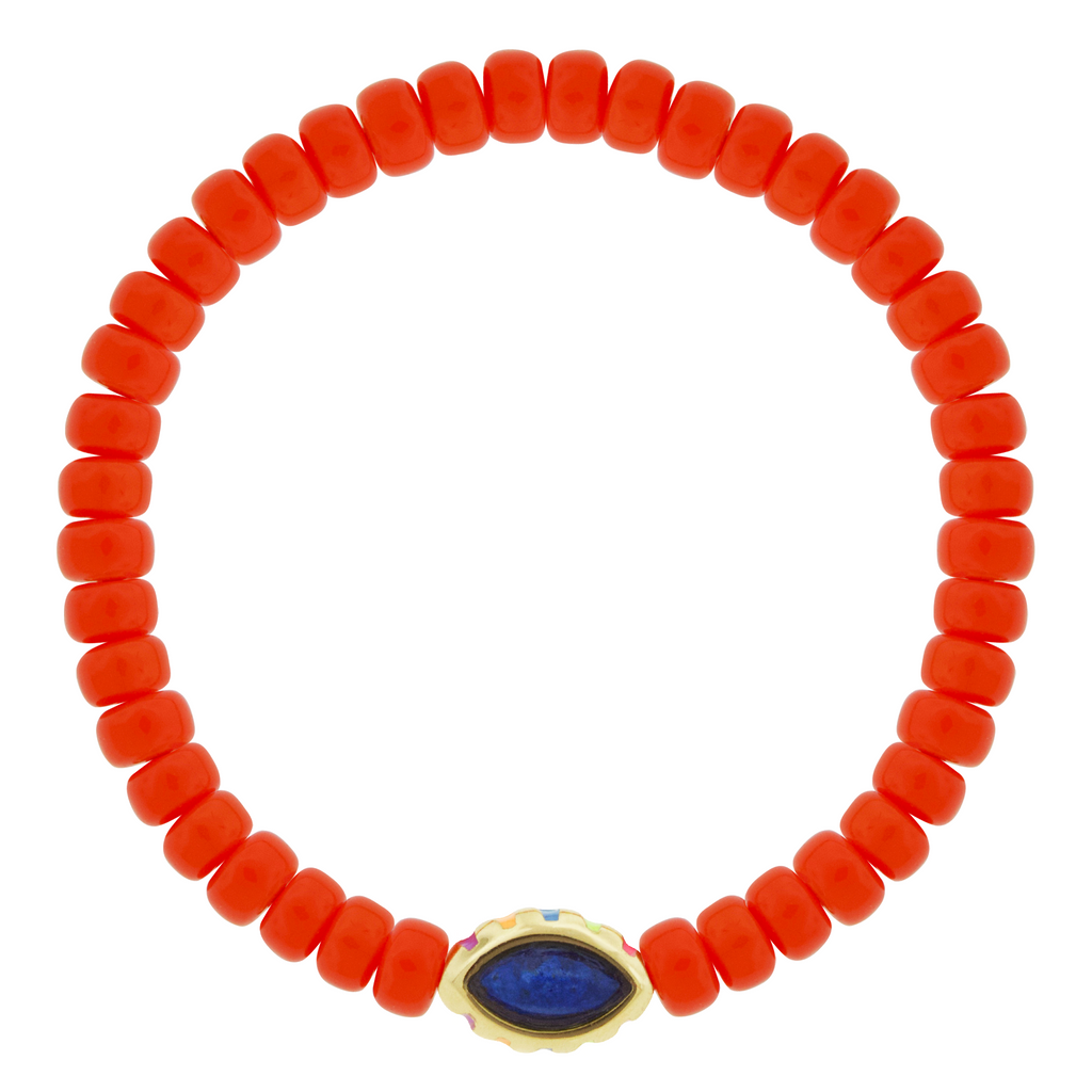 LUIS MORAIS 14k yellow gold eye bead with enameled lashes and a marquise gemstone bead on a glass beaded bracelet.