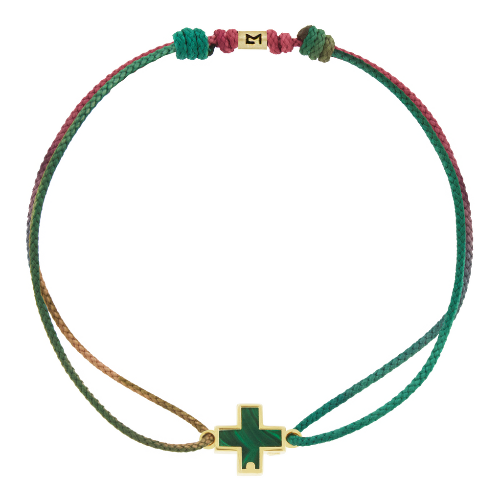 LUIS MORAIS 14k yellow gold framed gemstone cross on a cord bracelet. Adjustable.