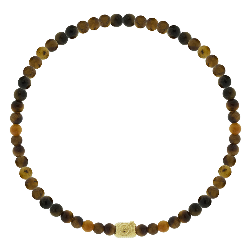 LUIS MORAIS 14k yellow gold small corrugated ingot with symbol on a gemstone beaded bracelet.