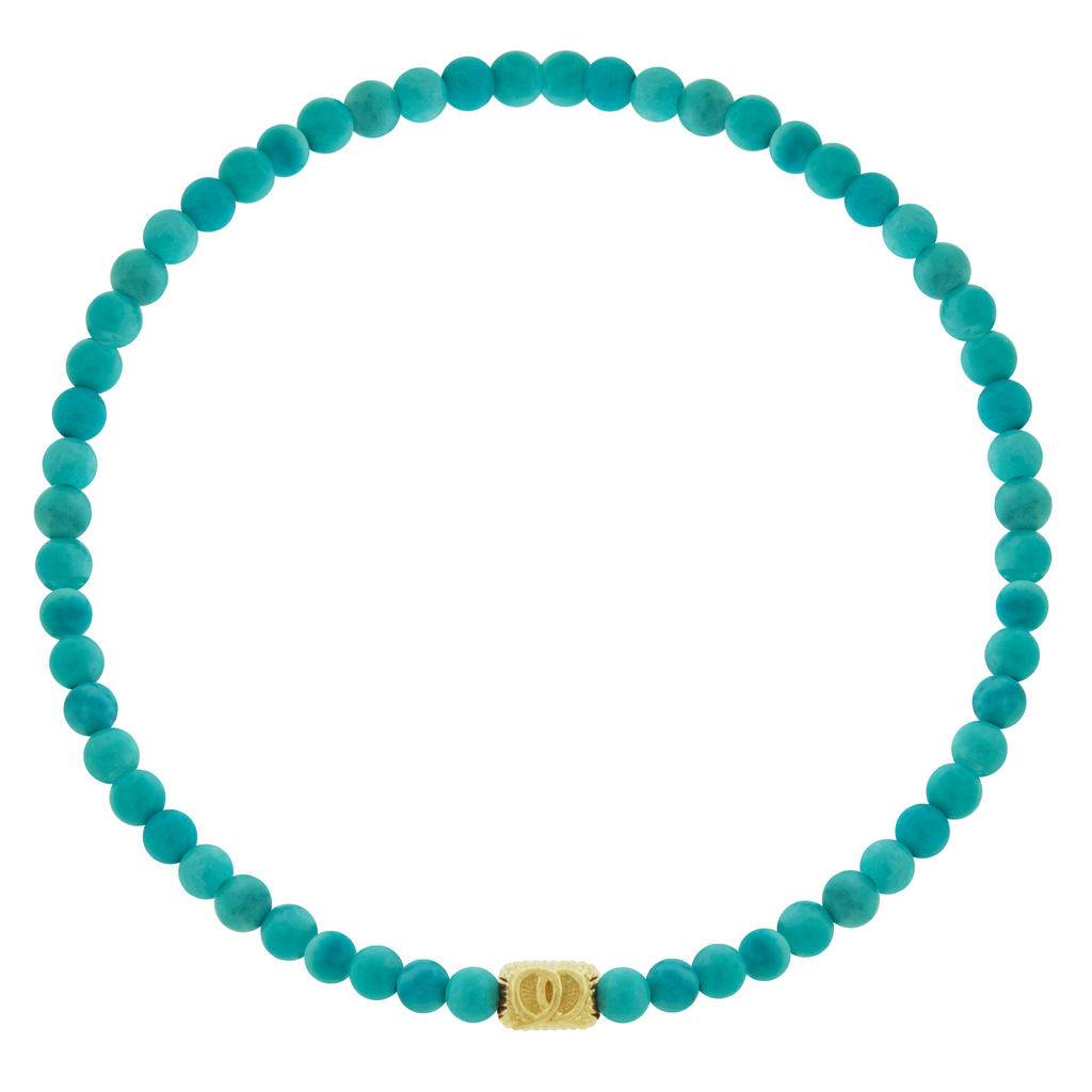 LUIS MORAIS 14k yellow gold small corrugated ingot with symbol on a gemstone beaded bracelet.