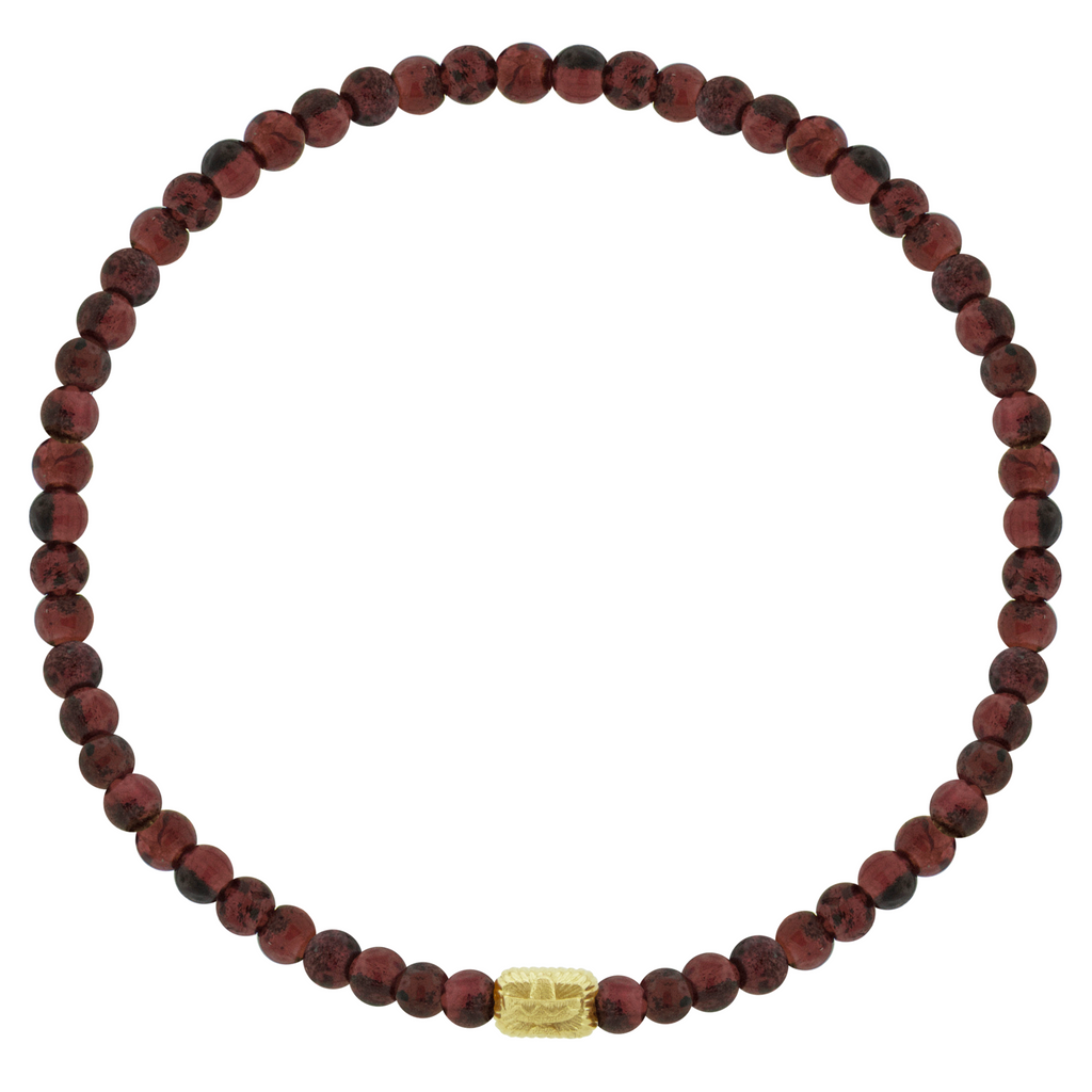 LUIS MORAIS 14k yellow gold small corrugated ingot with symbol on a gemstone beaded bracelet.