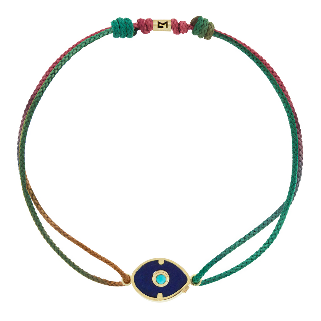 LUIS MORAIS 14k yellow gold framed gemstone eye with a Turquoise center on a cord bracelet. Adjustable.