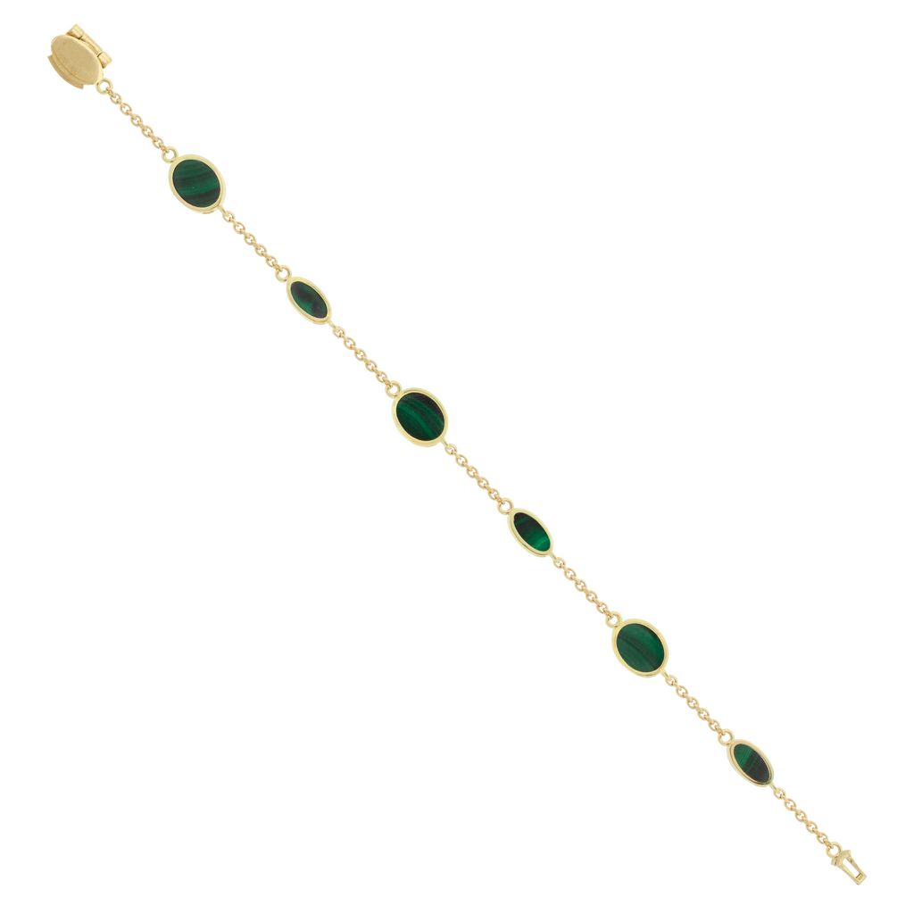 14k Yellow Gold chain bracelet with large and small oval malachite gemstones.