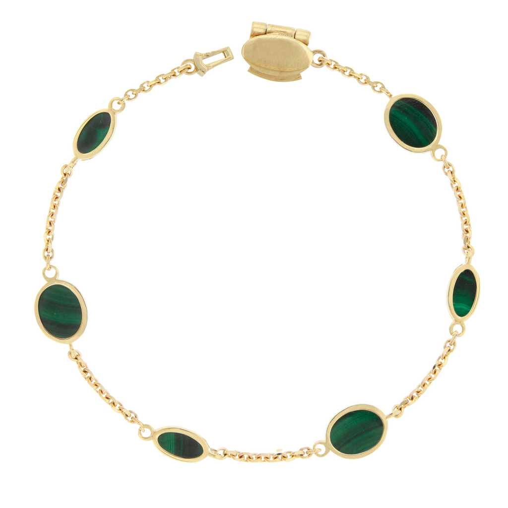 14k Yellow Gold chain bracelet with large and small oval malachite gemstones