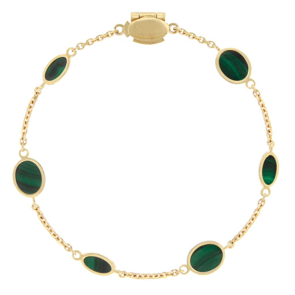 14k Yellow Gold chain bracelet with large and small oval malachite gemstones