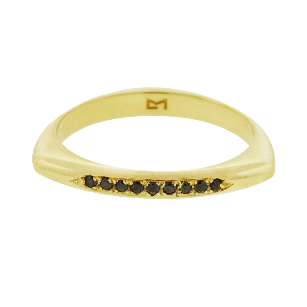 14k Yellow gold triangle ring with round black diamonds.