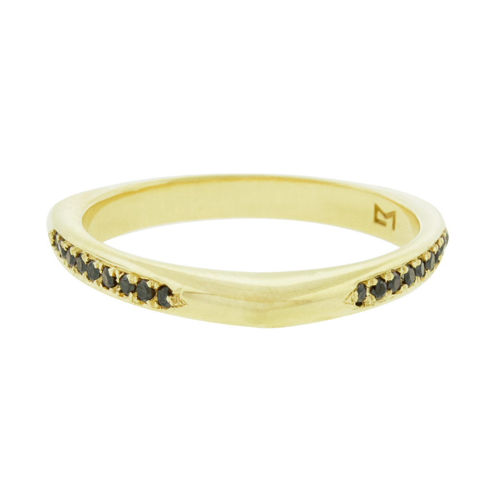 14k Yellow gold triangle ring with round black diamonds.