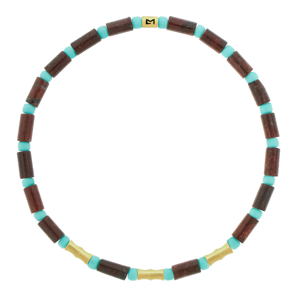 LUIS MORAIS 14k yellow gold mini Bamboo tubes and gold logo spacer on a gemstone and glass beaded bracelet.&nbsp;