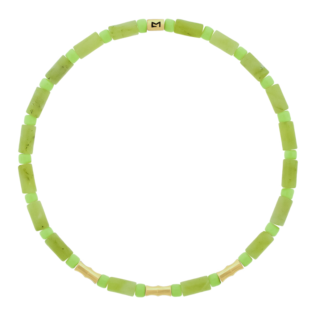 LUIS MORAIS 14k yellow gold mini Bamboo tubes and gold logo spacer on a gemstone and glass beaded bracelet.&nbsp;
