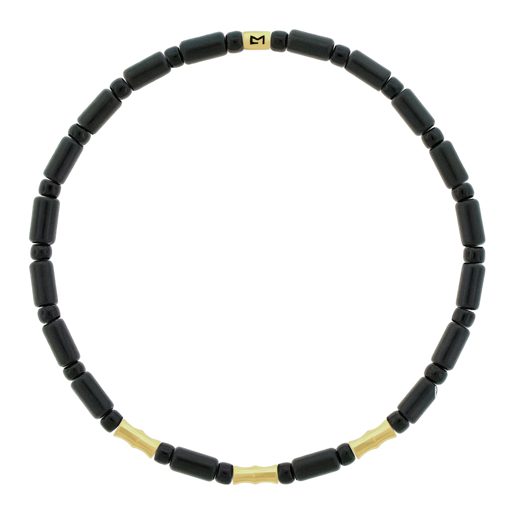 LUIS MORAIS 14k yellow gold Bamboo tube and gold logo spacer on a gemstone and&nbsp;glass beaded bracelet.