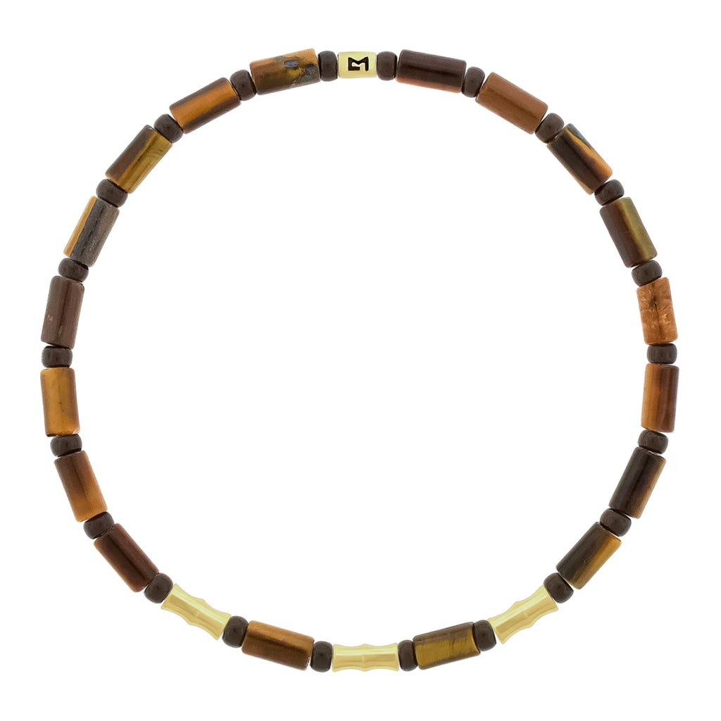 LUIS MORAIS 14k yellow gold mini Bamboo tubes and gold logo spacer on a gemstone and glass beaded bracelet.&nbsp;