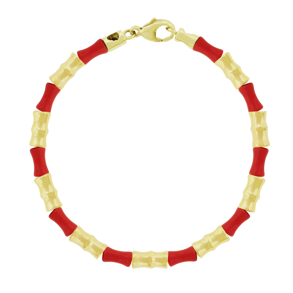 This LUIS MORAIS bracelet features 14k yellow gold Bamboo tubes alternating with glass beads. Lobster clasp closure. Bamboo symbolizes strength, resilience, and the ability to grow through adversity.