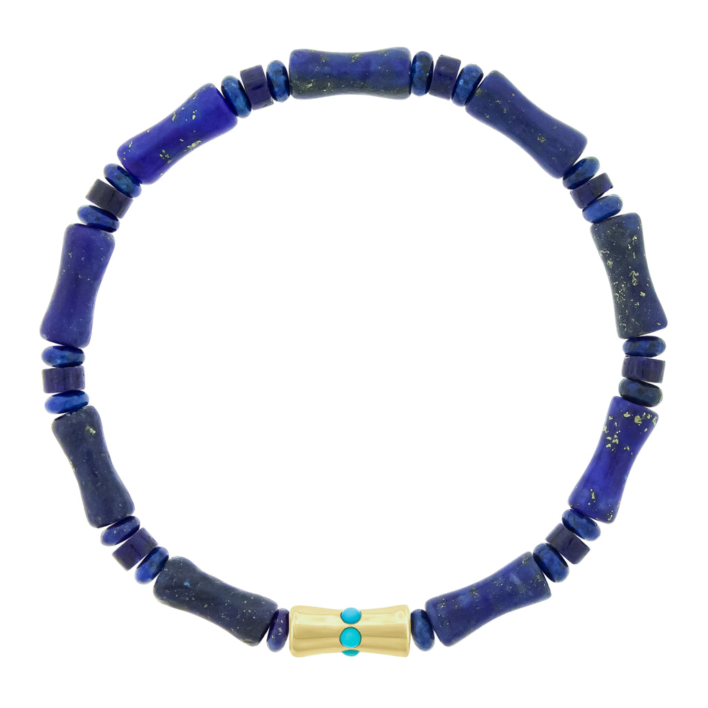 LUIS MORAIS 14k yellow gold single Sheath Bamboo tube with a line of round Turquoise stones on a gemstone beaded bracelet. Bamboo symbolizes strength, resilience, and the ability to grow through adversity.