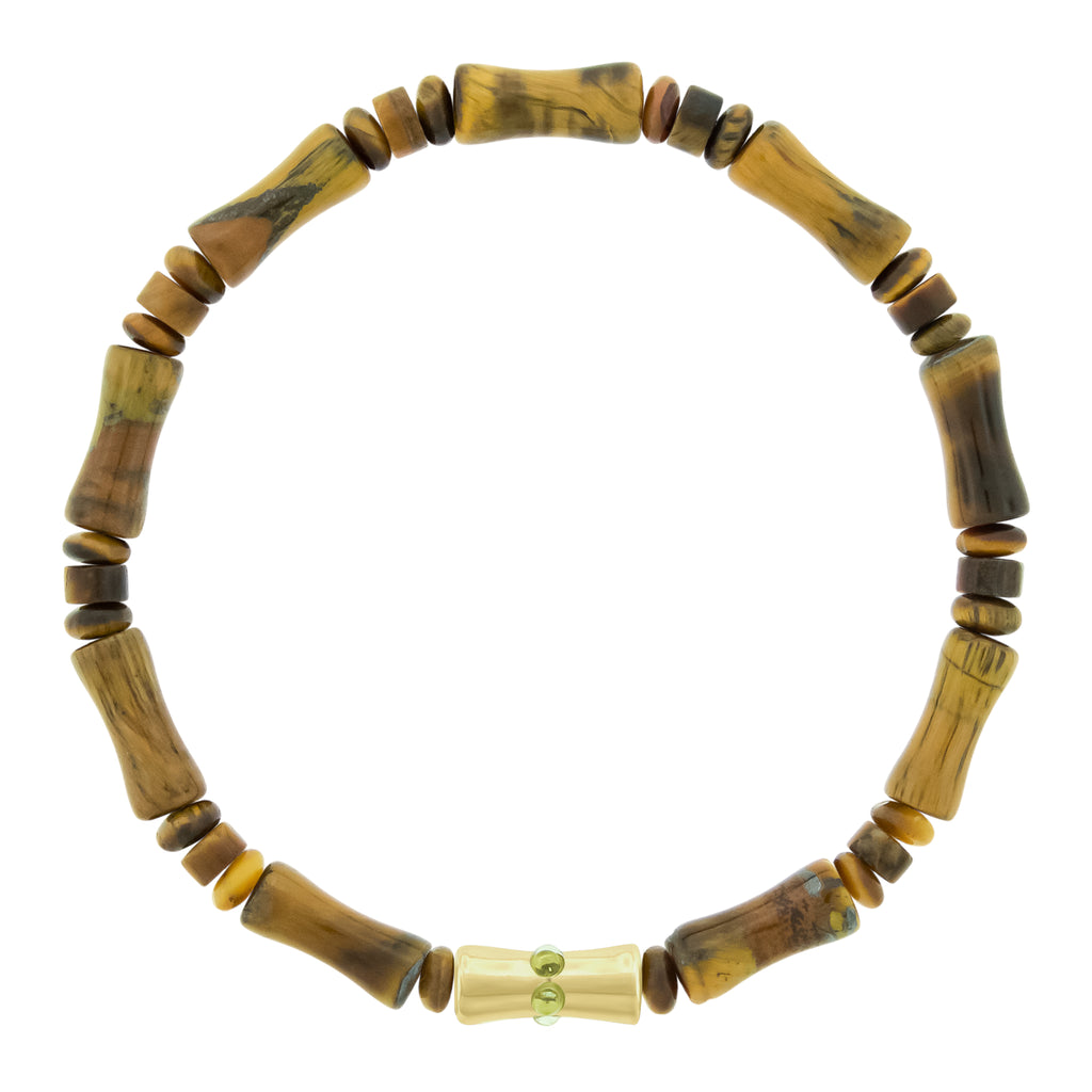 LUIS MORAIS 14k yellow gold single Sheath Bamboo tube with a line of round Citrine stones on a gemstone beaded bracelet. Bamboo symbolizes strength, resilience, and the ability to grow through adversity.