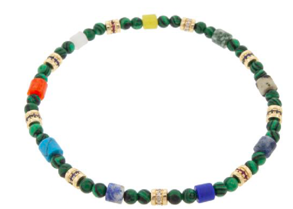 Nine 14K Yellow Gold Short Roll Beads with White Diamonds, Black Diamonds, Blue Sapphires and Rubies on a Malachite and Gemstone Beaded Bracelet.&nbsp;
