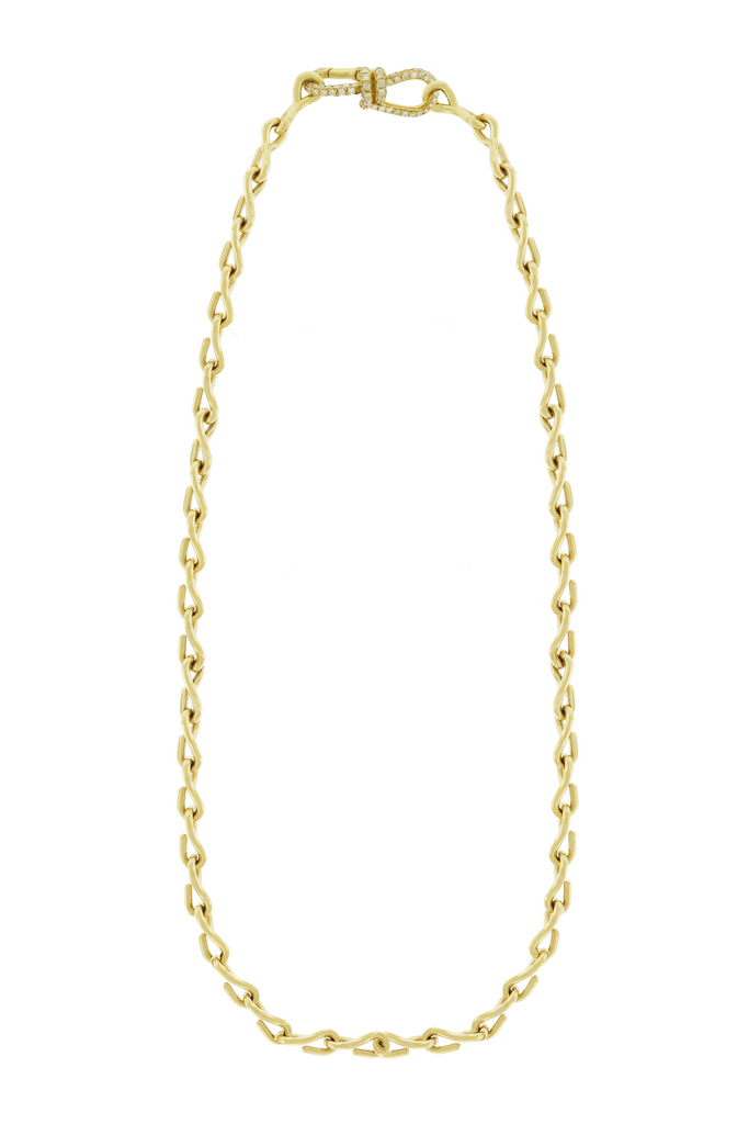 LUIS MORAIS 14K yellow gold wire link chain necklace with a large clasp covered in diamonds.