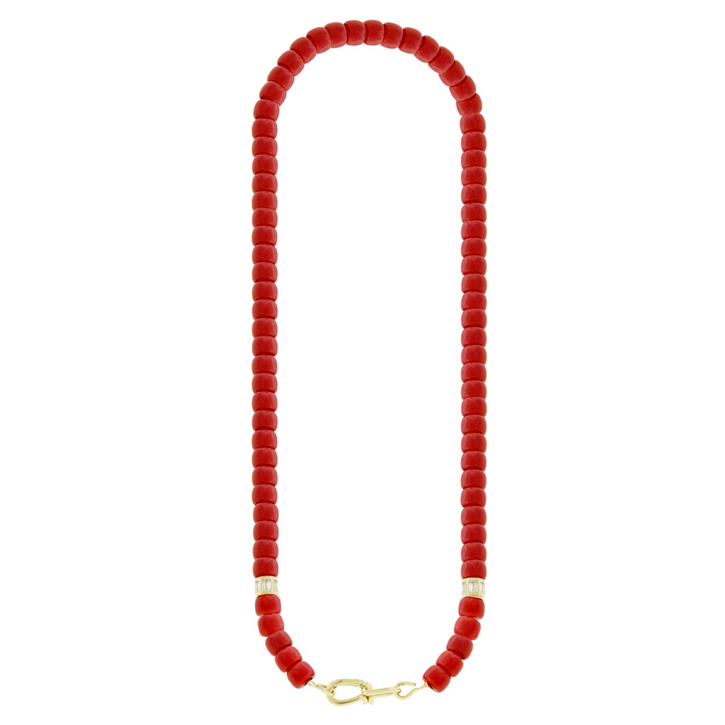 Wire Clasp on Red Glass Bead Necklace with Diamond Barrels